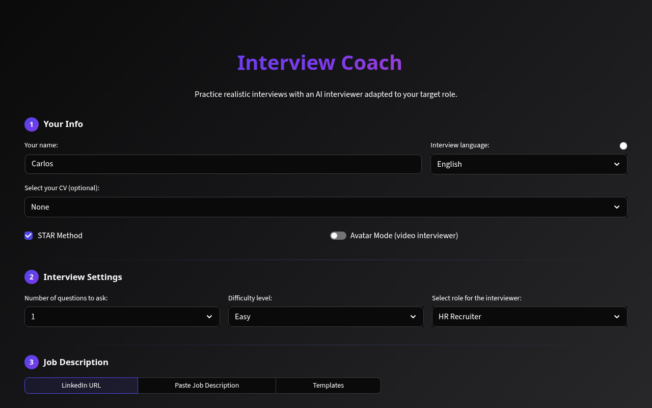 Interview Practice configuration screen